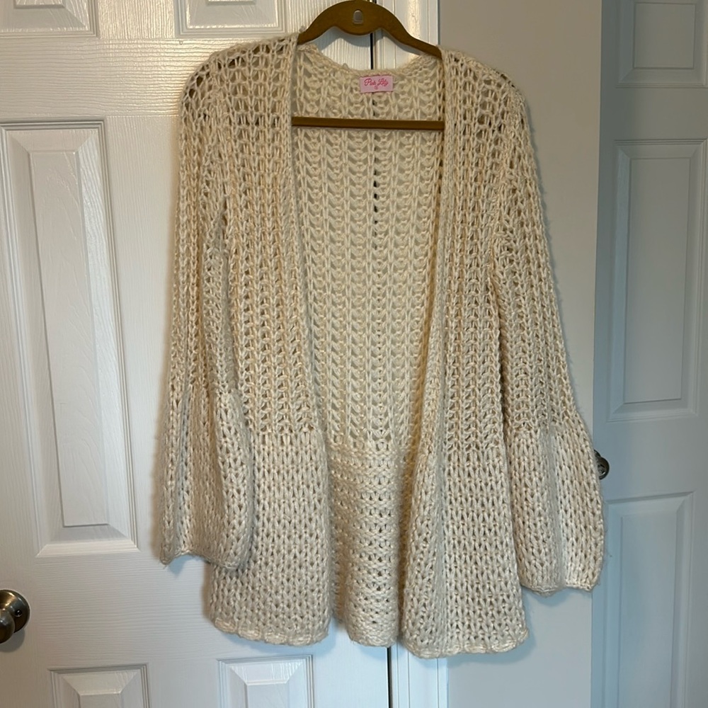 Pink Lily Cream Open Front Knit Cardigan Bell Sleeve Boho Size M